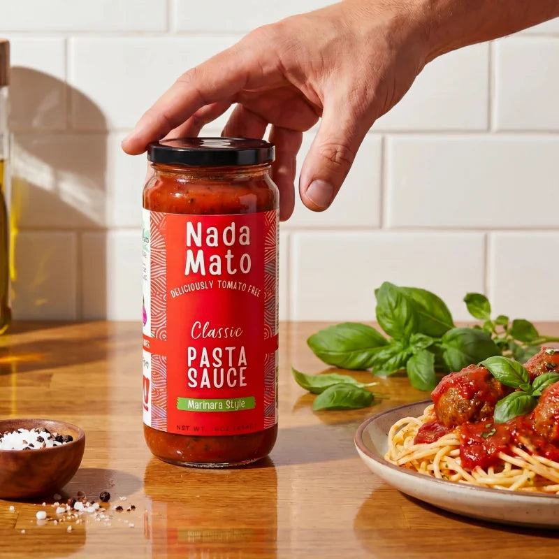 Nada Mato Tomato Free Pasta Sauce served with a meal