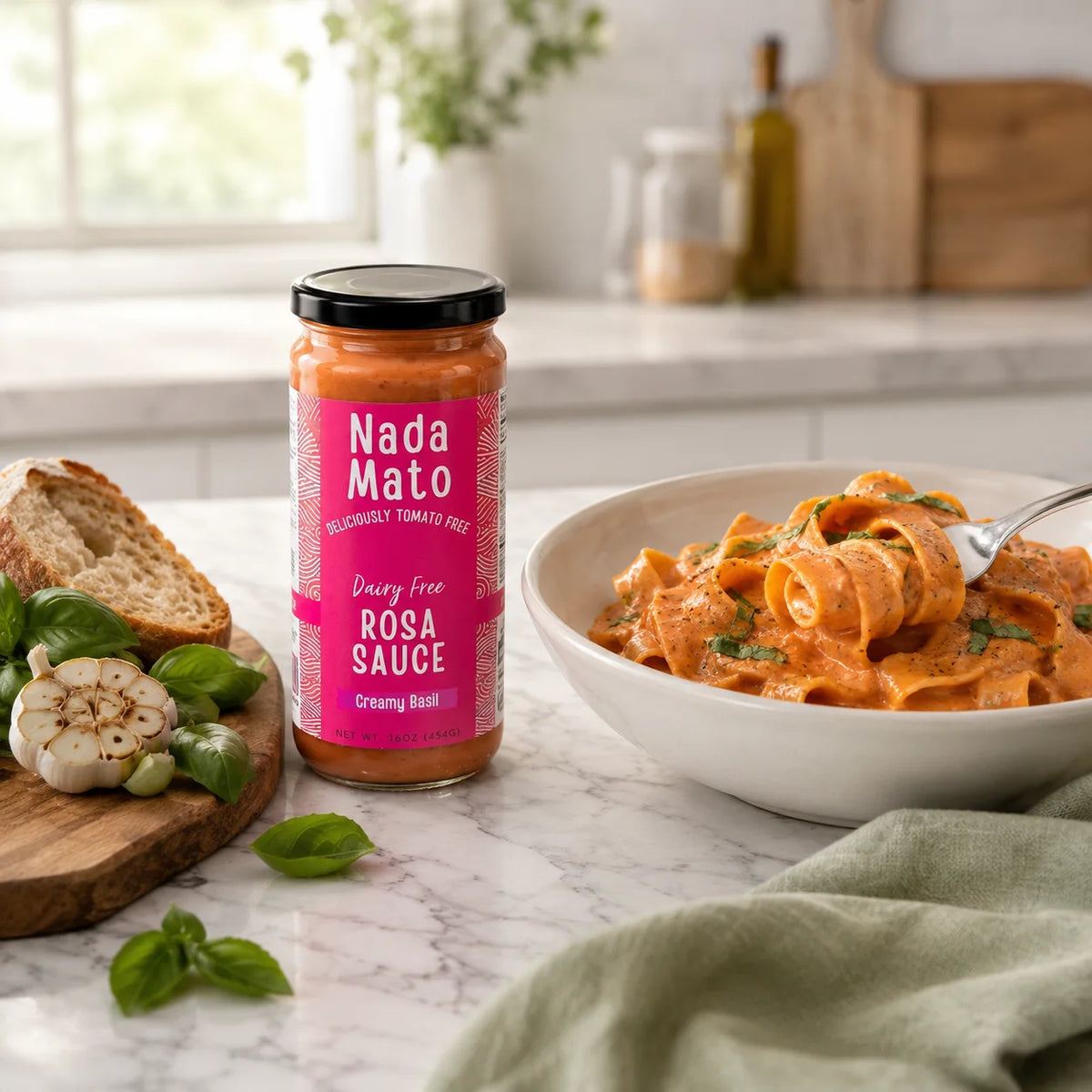 Nada Mato Dairy Free Rosa Sauce served with a meal